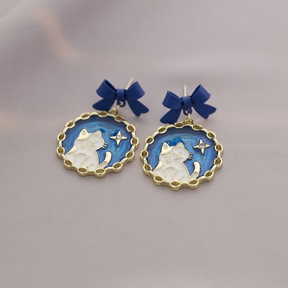 MYKI Blue Bow Cat Korean Dangle Earrings | Enamel Gold Finish (MKERCH830PI-ANT)