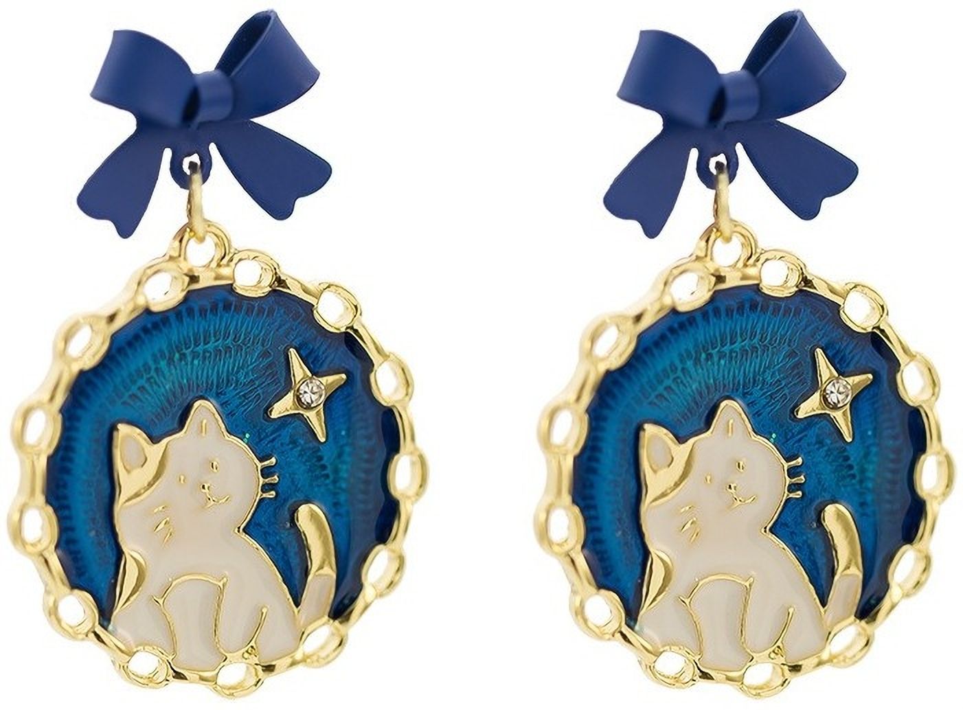 MYKI Blue Bow Cat Korean Dangle Earrings | Enamel Gold Finish (MKERCH830PI-ANT)