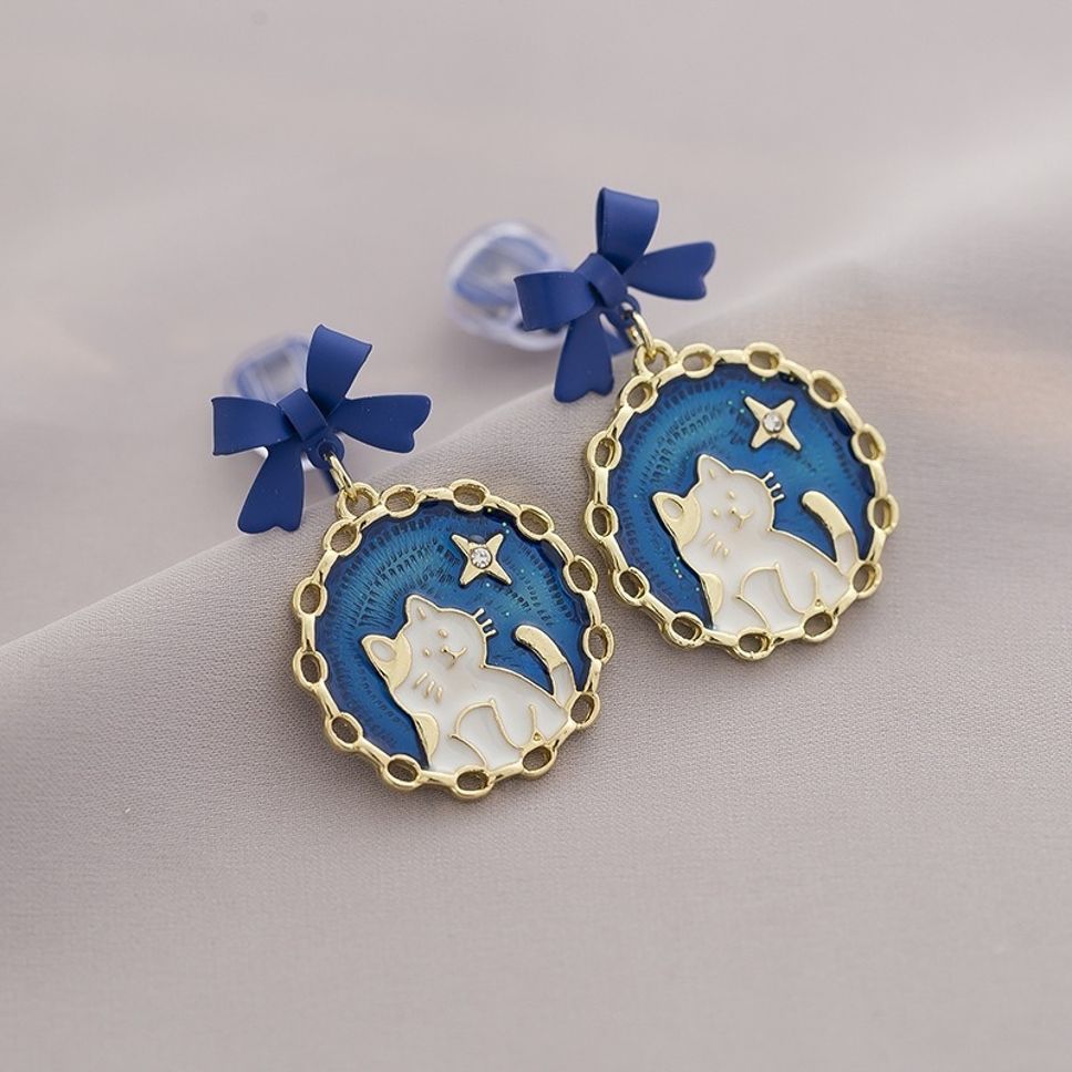 MYKI Blue Bow Cat Korean Dangle Earrings | Enamel Gold Finish (MKERCH830PI-ANT) by MYKI | Korean Fashion Jewelry
