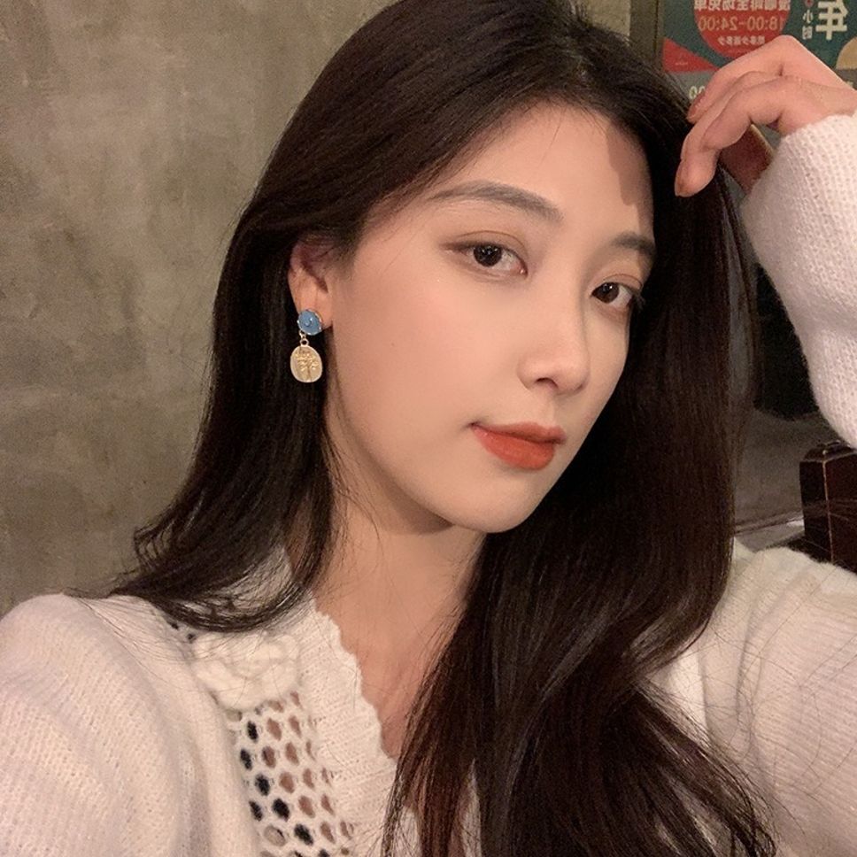 MYKI Blue & Gold Engraved Floral Korean Earrings | Elegant Drop Design (MKERCH833PI-ANT)