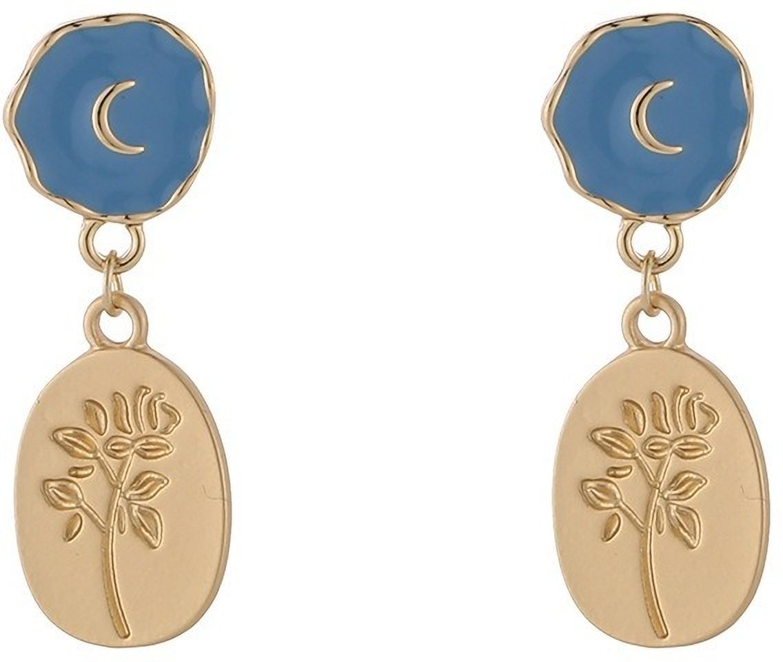 MYKI Blue & Gold Engraved Floral Korean Earrings | Elegant Drop Design (MKERCH833PI-ANT)