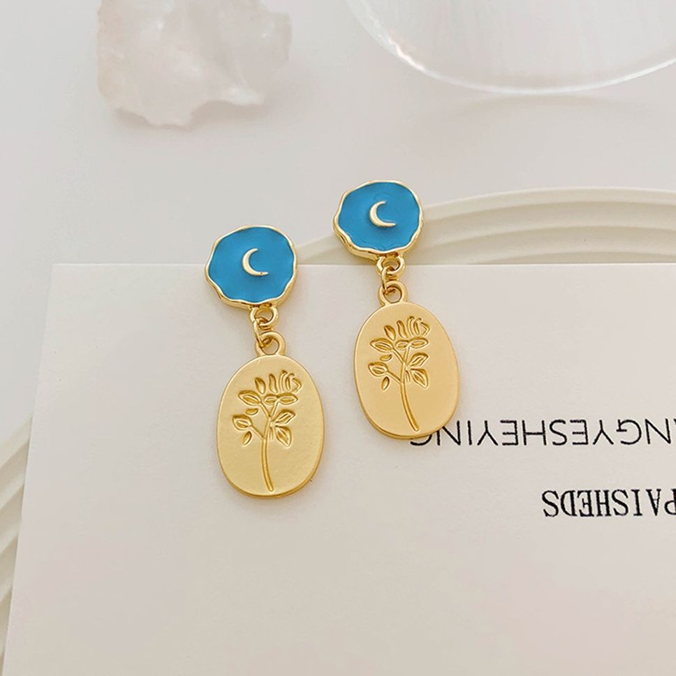 MYKI Blue & Gold Engraved Floral Korean Earrings | Elegant Drop Design (MKERCH833PI-ANT) by MYKI | Korean Fashion Jewelry
