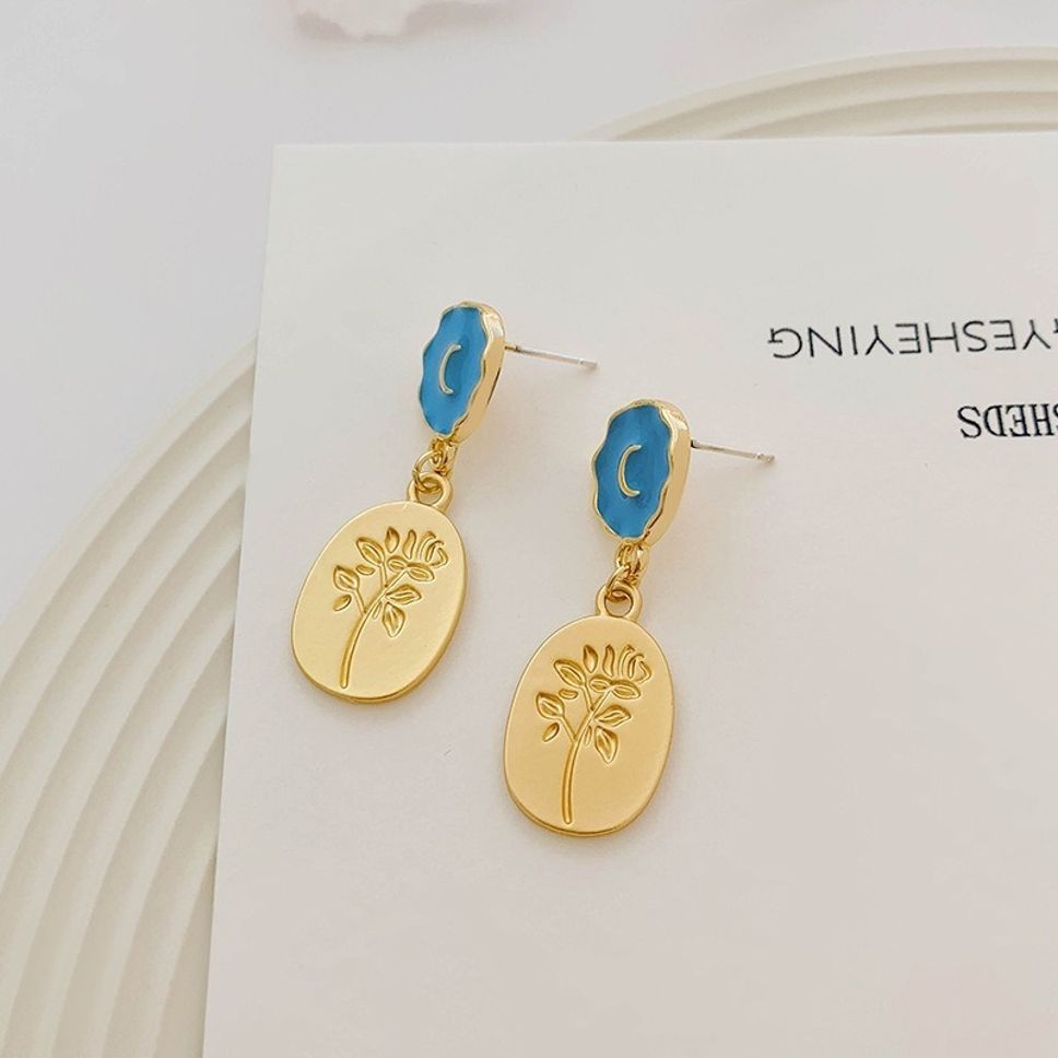 MYKI Blue & Gold Engraved Floral Korean Earrings | Elegant Drop Design (MKERCH833PI-ANT)
