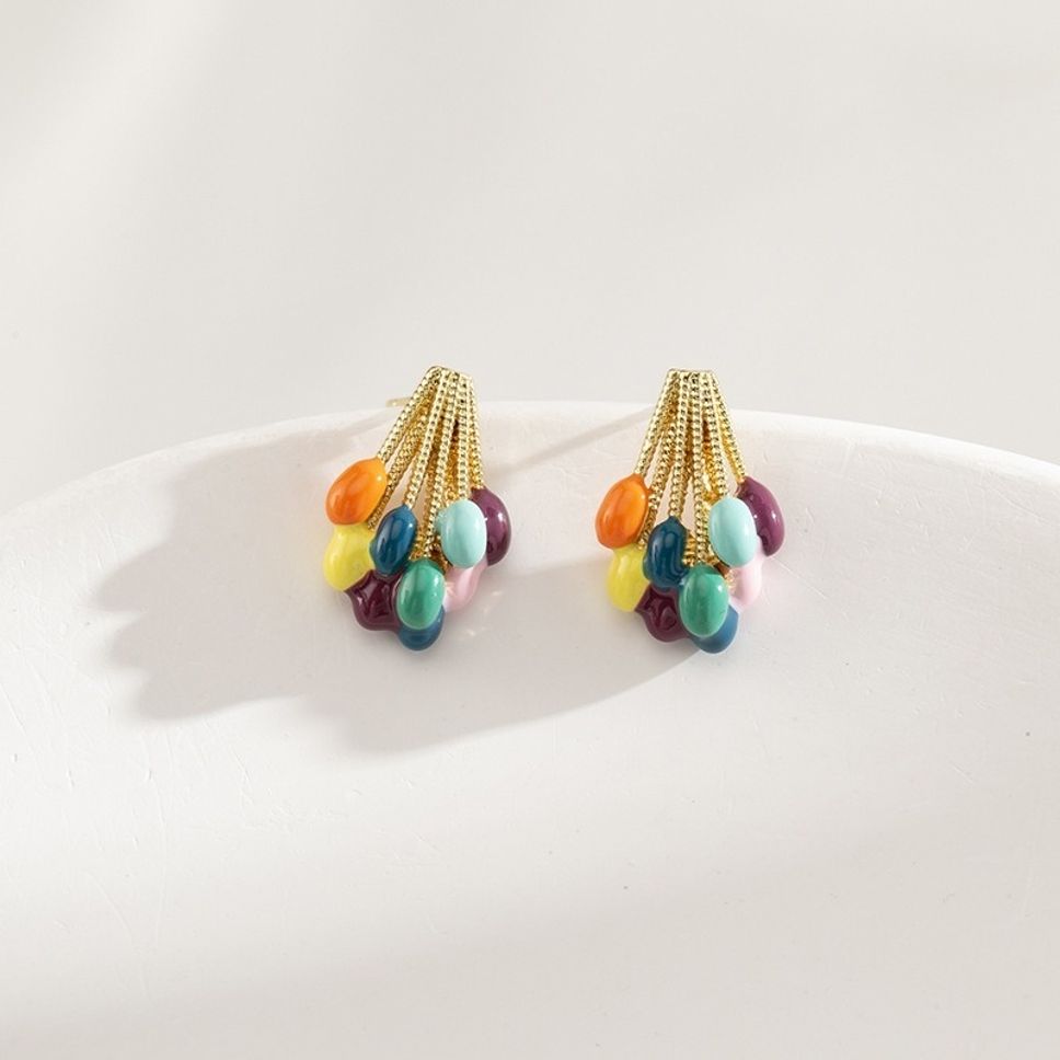 MYKI Multicolor Bead Korean Stud Earrings | Gold Thread Cluster Design (MKERCH835PI-ANT)