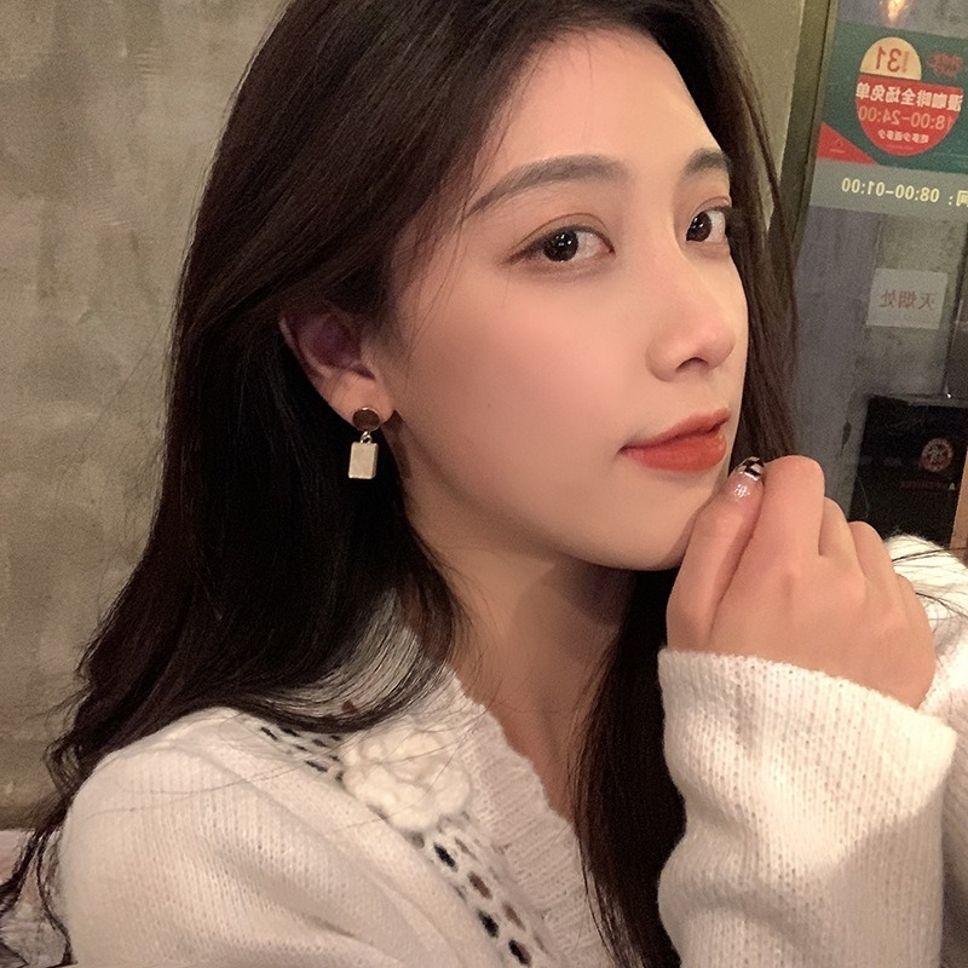 MYKI Brown & Beige Rectangle Korean Earrings | Marble Enamel Design (MKERCH836PI-ANT)