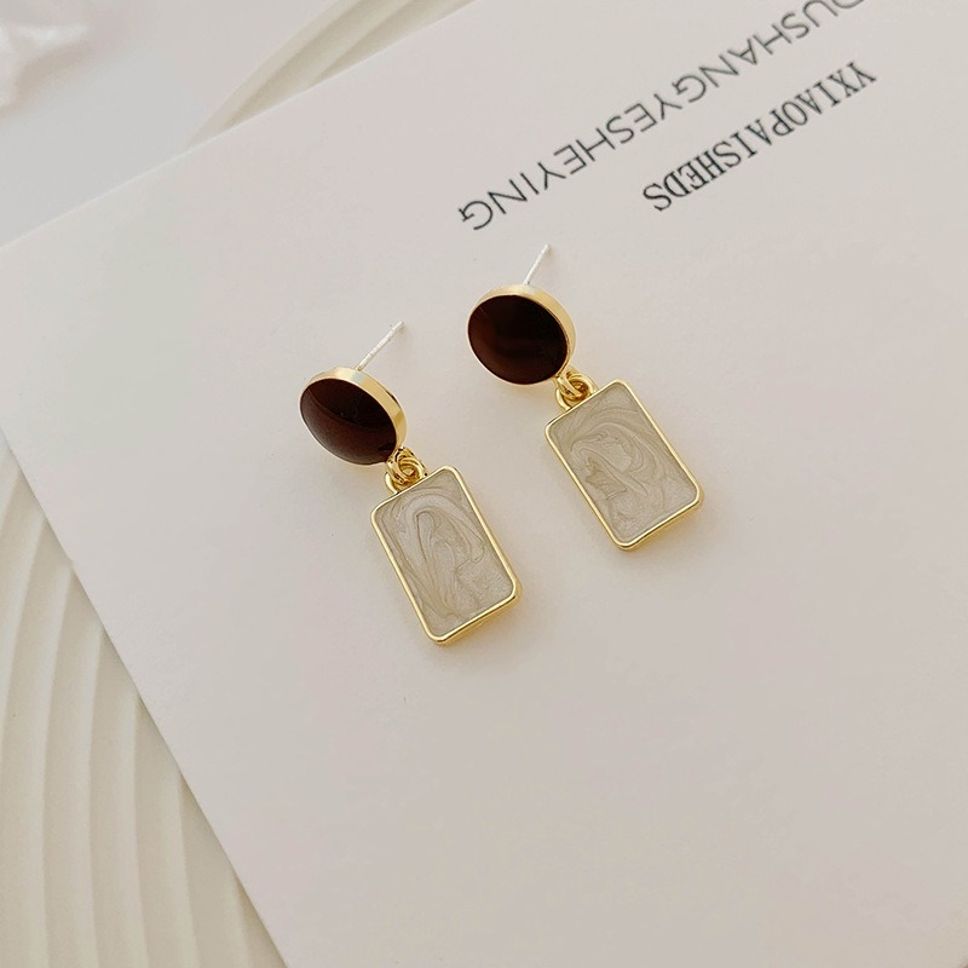MYKI Brown & Beige Rectangle Korean Earrings | Marble Enamel Design (MKERCH836PI-ANT)