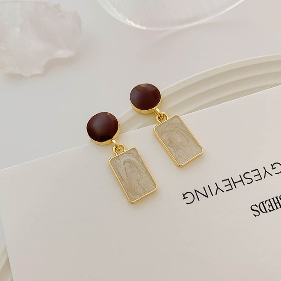 MYKI Brown & Beige Rectangle Korean Earrings | Marble Enamel Design (MKERCH836PI-ANT) by MYKI | Korean Fashion Jewelry