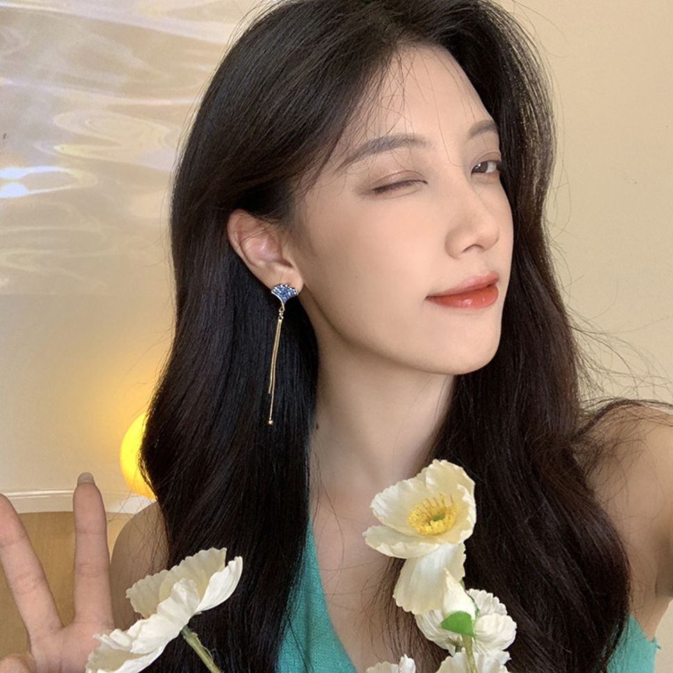 MYKI Blue Crystal Long Tassel Korean Earrings | Gold Chain Design (MKERCH838PI-ANT)