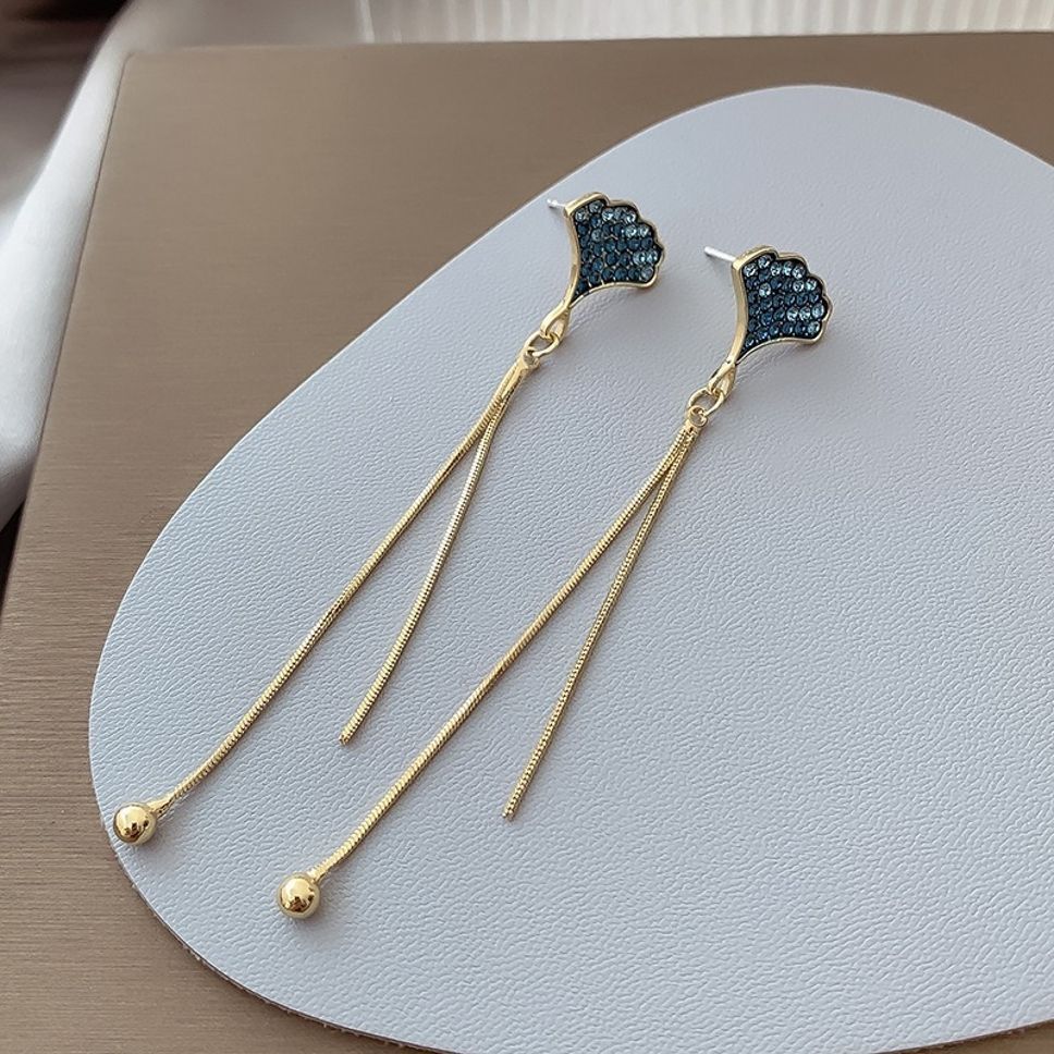 MYKI Blue Crystal Long Tassel Korean Earrings | Gold Chain Design (MKERCH838PI-ANT) by MYKI | Korean Fashion Jewelry