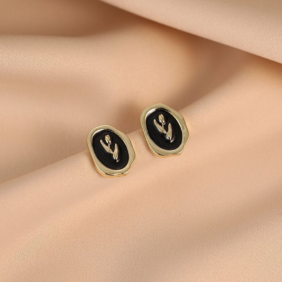 MYKI Black & Gold Leaf Stud Korean Earrings | Enamel Seal Design (MKERCH839CP-ANT) by MYKI | Korean Fashion Jewelry