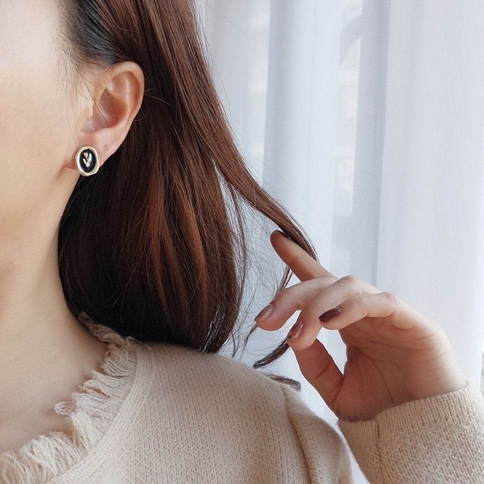 MYKI Black & Gold Leaf Stud Korean Earrings | Enamel Seal Design (MKERCH839CP-ANT)