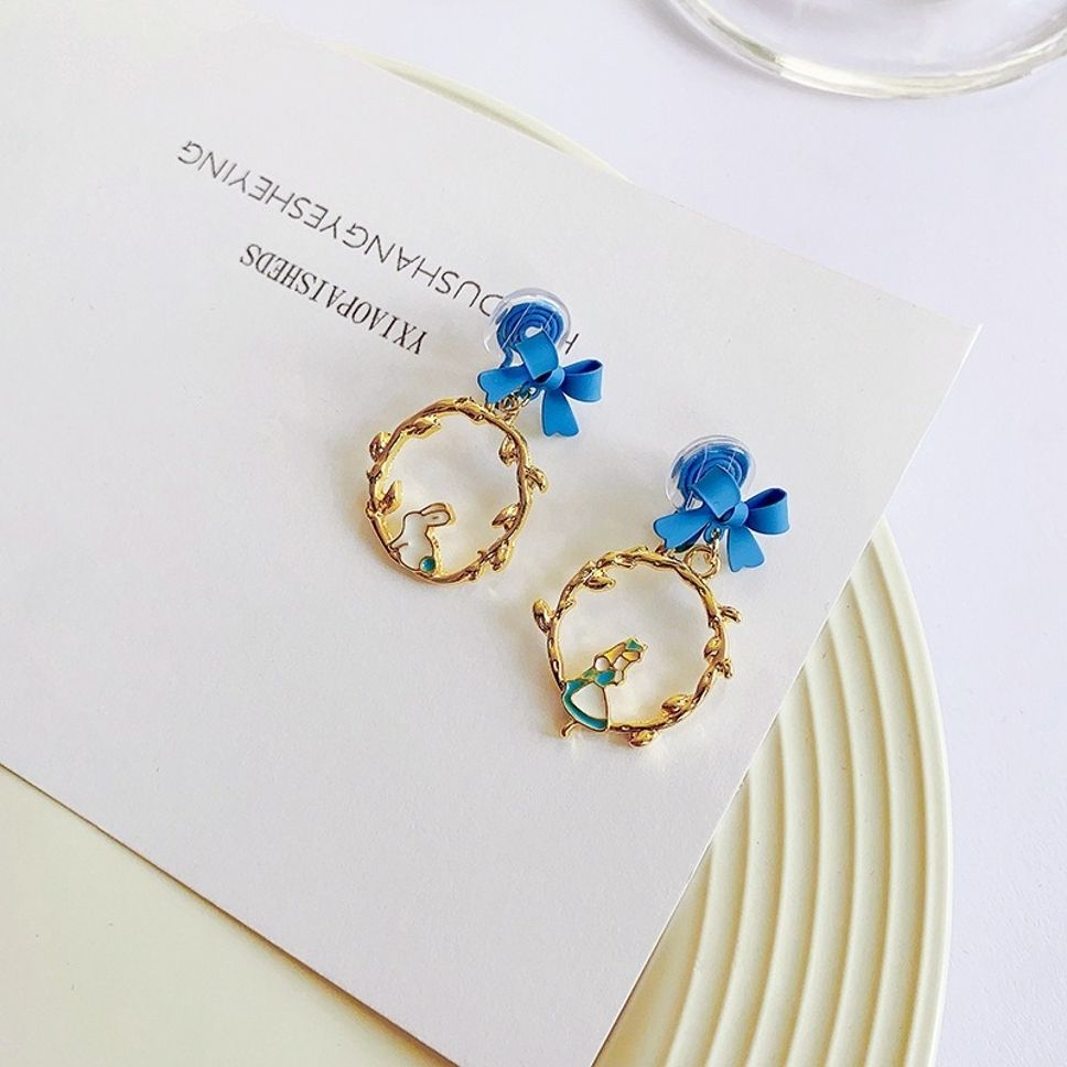 MYKI Blue Bow & Bunny Charm Korean Dangle Earrings | Cute Gift Jewelry (MKERCH844PI-ANT) by MYKI | Korean Fashion Jewelry