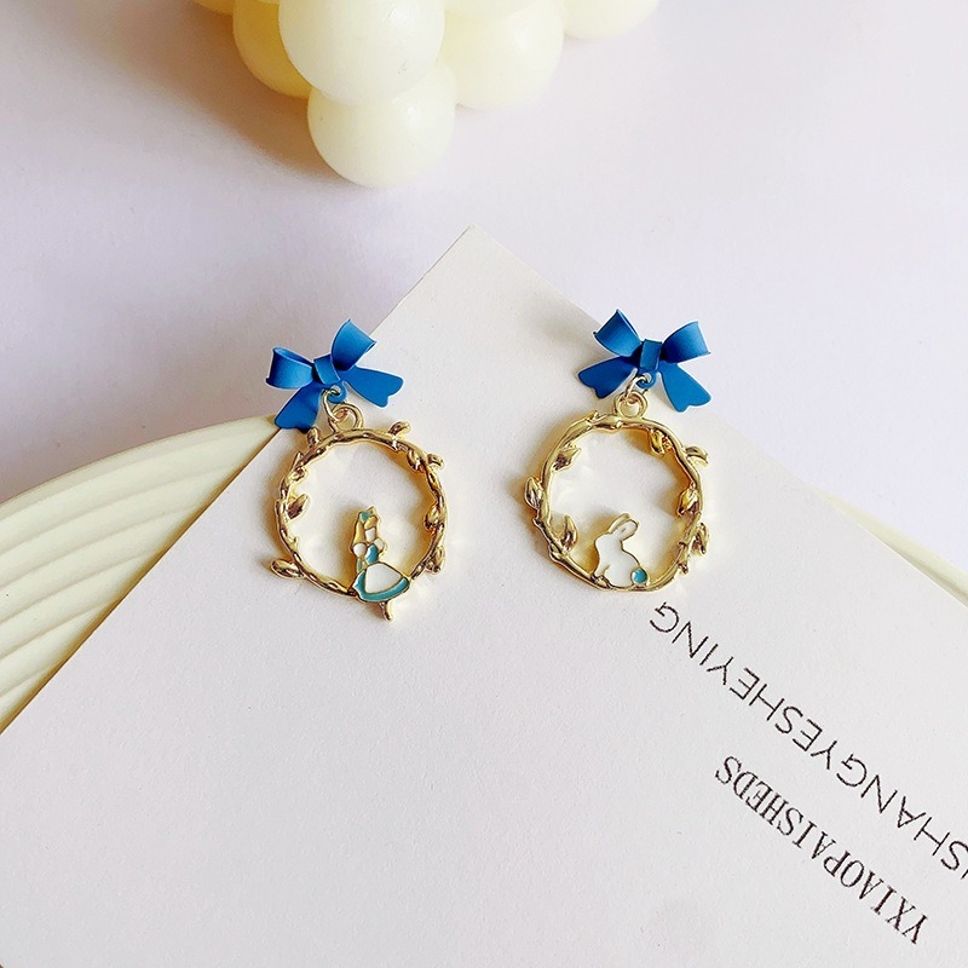MYKI Blue Bow & Bunny Charm Korean Dangle Earrings | Cute Gift Jewelry (MKERCH844PI-ANT)