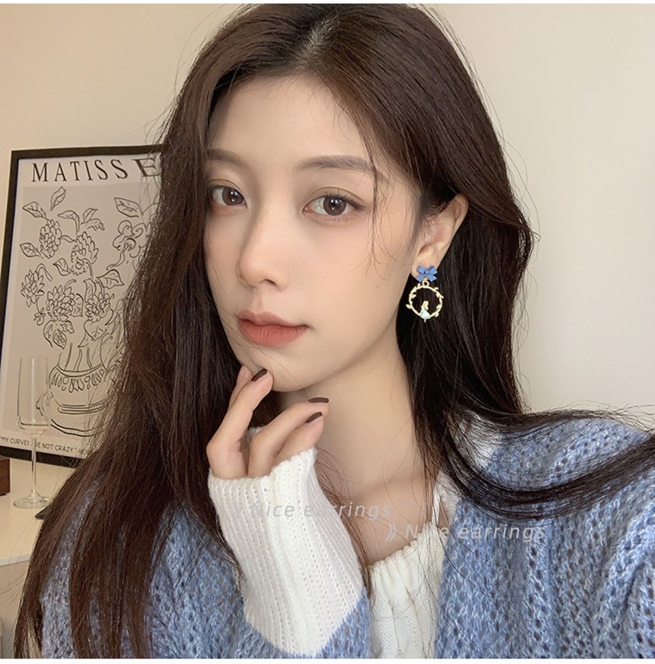 MYKI Blue Bow & Bunny Charm Korean Dangle Earrings | Cute Gift Jewelry (MKERCH844PI-ANT)