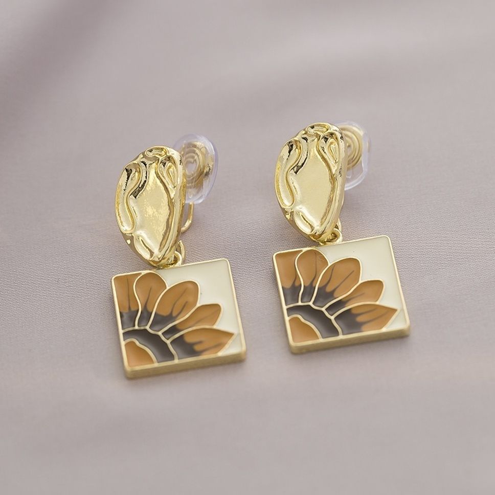 MYKI Gold & Brown Floral Square Korean Drop Earrings | MYKI (MKERCH852CP-ANT) by MYKI | Korean Fashion Jewelry