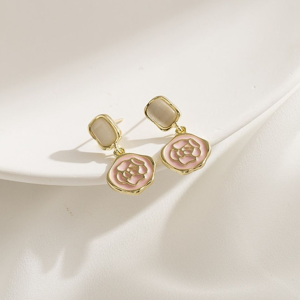 MYKI Pink Floral Drop Korean Earrings | Gold Plated Enamel Design (MKERCH861PI-ANT)