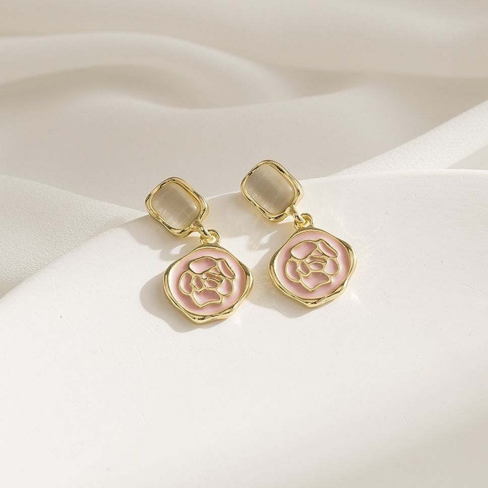 MYKI Pink Floral Drop Korean Earrings | Gold Plated Enamel Design (MKERCH861PI-ANT) by MYKI | Korean Fashion Jewelry