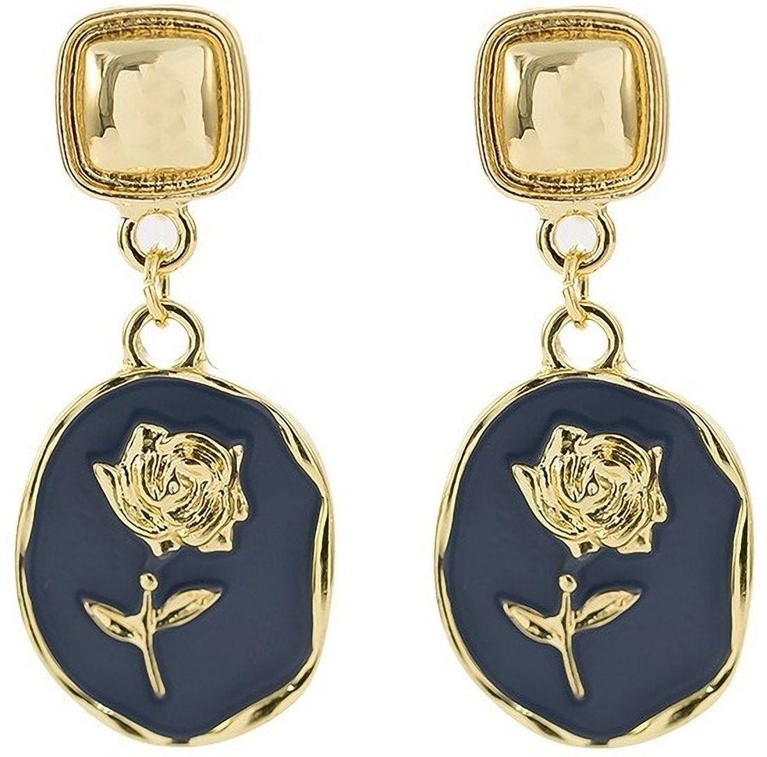MYKI Navy Blue Rose Korean Drop Earrings | Gold Enamel Finish (MKERCH864PI-ANT)
