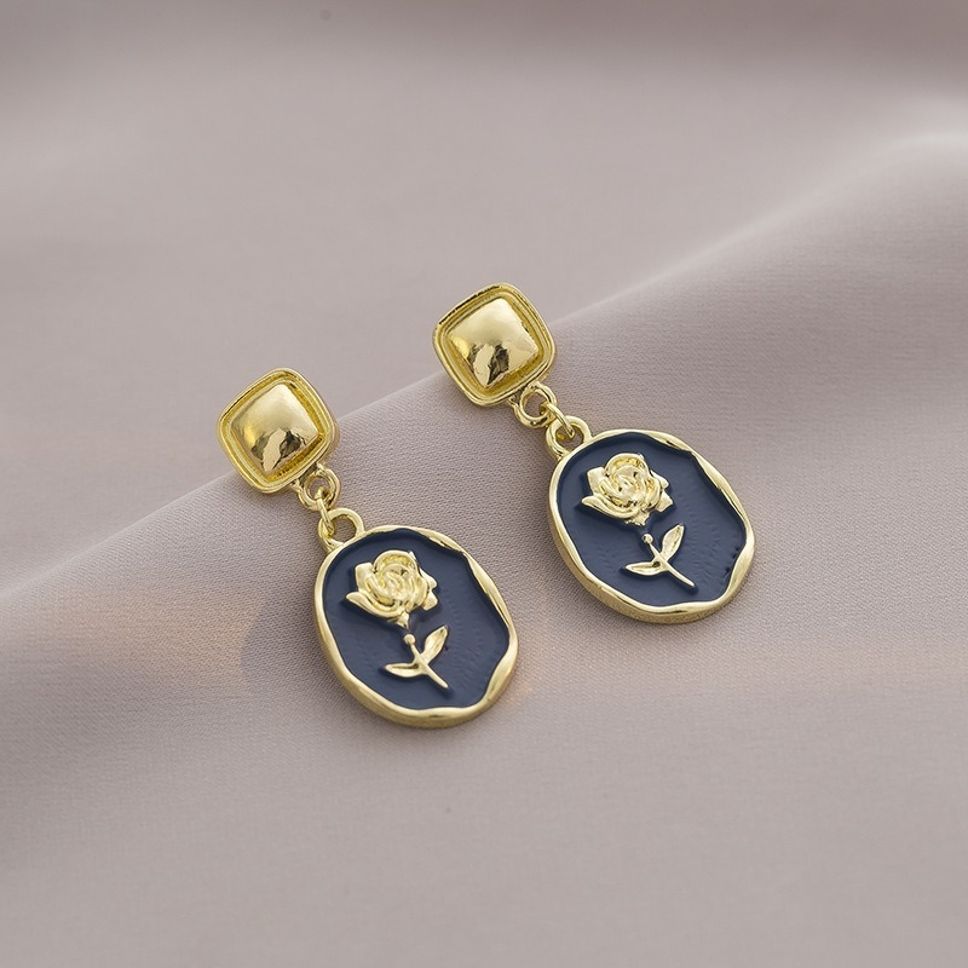 MYKI Navy Blue Rose Korean Drop Earrings | Gold Enamel Finish (MKERCH864PI-ANT)