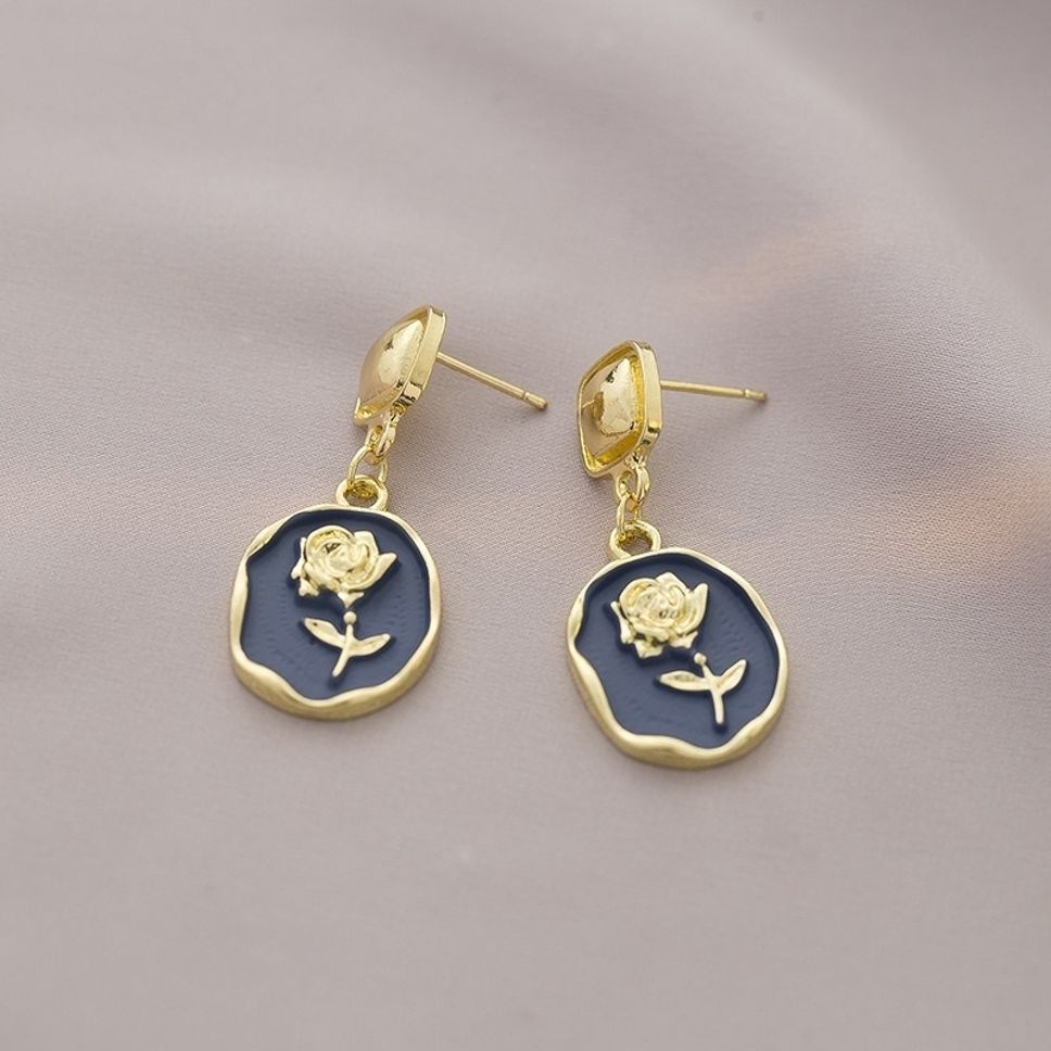 MYKI Navy Blue Rose Korean Drop Earrings | Gold Enamel Finish (MKERCH864PI-ANT)