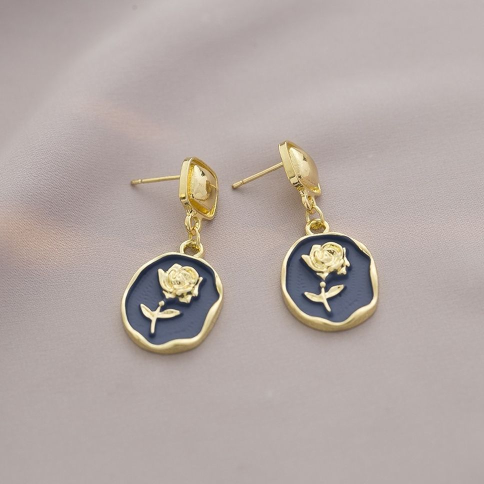 MYKI Navy Blue Rose Korean Drop Earrings | Gold Enamel Finish (MKERCH864PI-ANT) by MYKI | Korean Fashion Jewelry