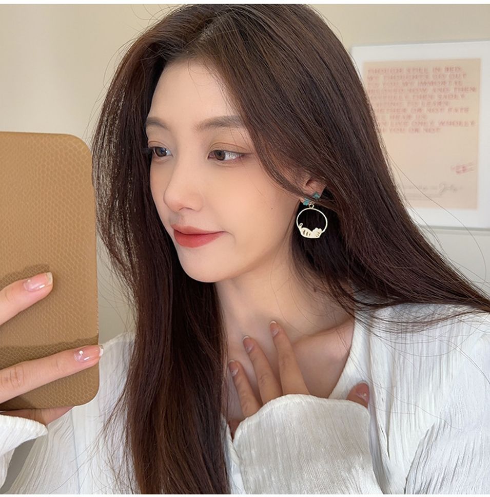 MYKI Blue Bow Cat Korean Dangle Earrings | Cute Enamel Design (MKERCH870CP-ANT)