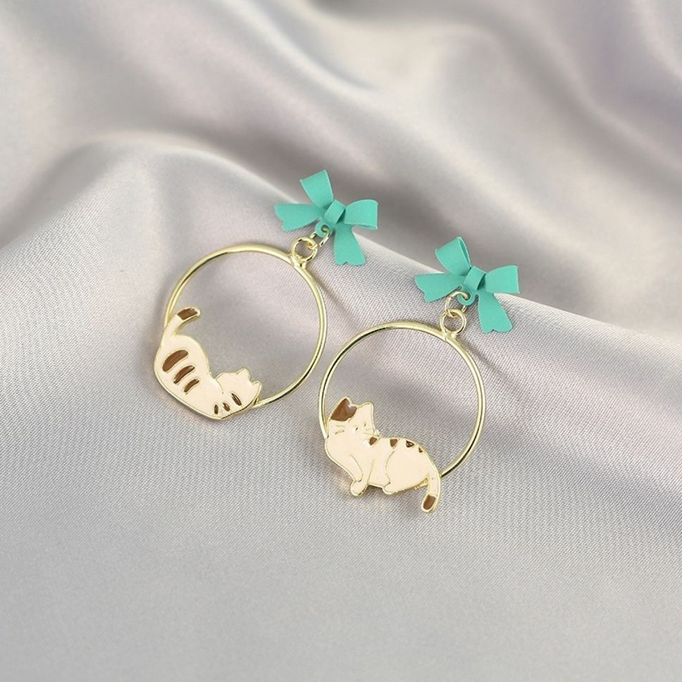 MYKI Blue Bow Cat Korean Dangle Earrings | Cute Enamel Design (MKERCH870CP-ANT) by MYKI | Korean Fashion Jewelry