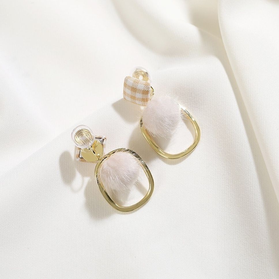 MYKI Beige Checkered Fur Ball Korean Earrings | Gold Plated Statement Design (MKERCH871CP-ANT)