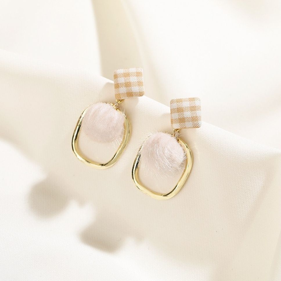 MYKI Beige Checkered Fur Ball Korean Earrings | Gold Plated Statement Design (MKERCH871CP-ANT) by MYKI | Korean Fashion Jewelry