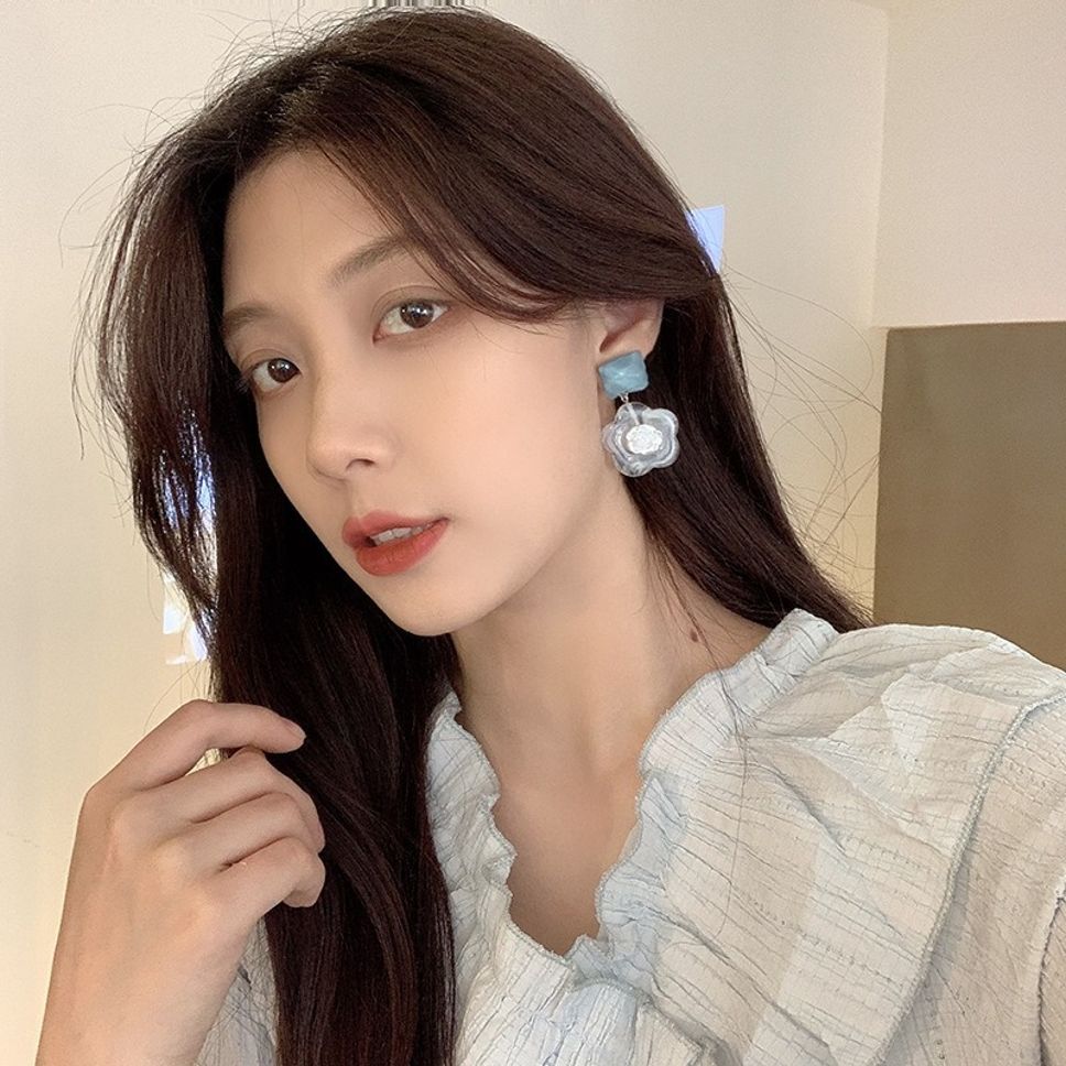 MYKI White Floral Korean Dangle Earrings | Blue Stone Accent (MKERCH873PI-ANT)