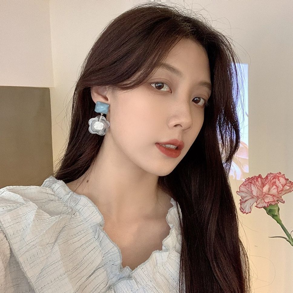 MYKI White Floral Korean Dangle Earrings | Blue Stone Accent (MKERCH873PI-ANT)
