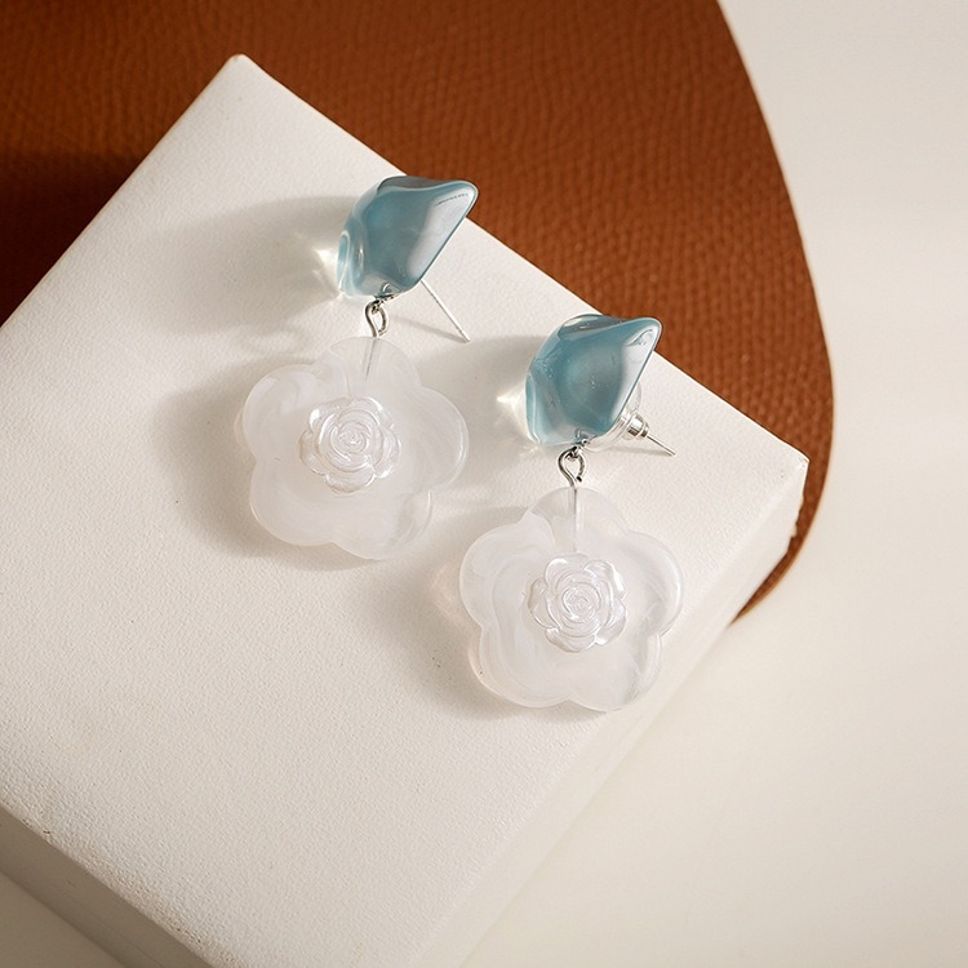 MYKI White Floral Korean Dangle Earrings | Blue Stone Accent (MKERCH873PI-ANT) by MYKI | Korean Fashion Jewelry