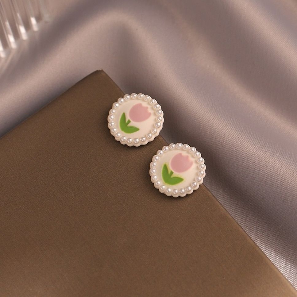 MYKI Tulip Pearl Frame Korean Stud Earrings | Pastel Pink & Green (MKERCH875CP-ANT)