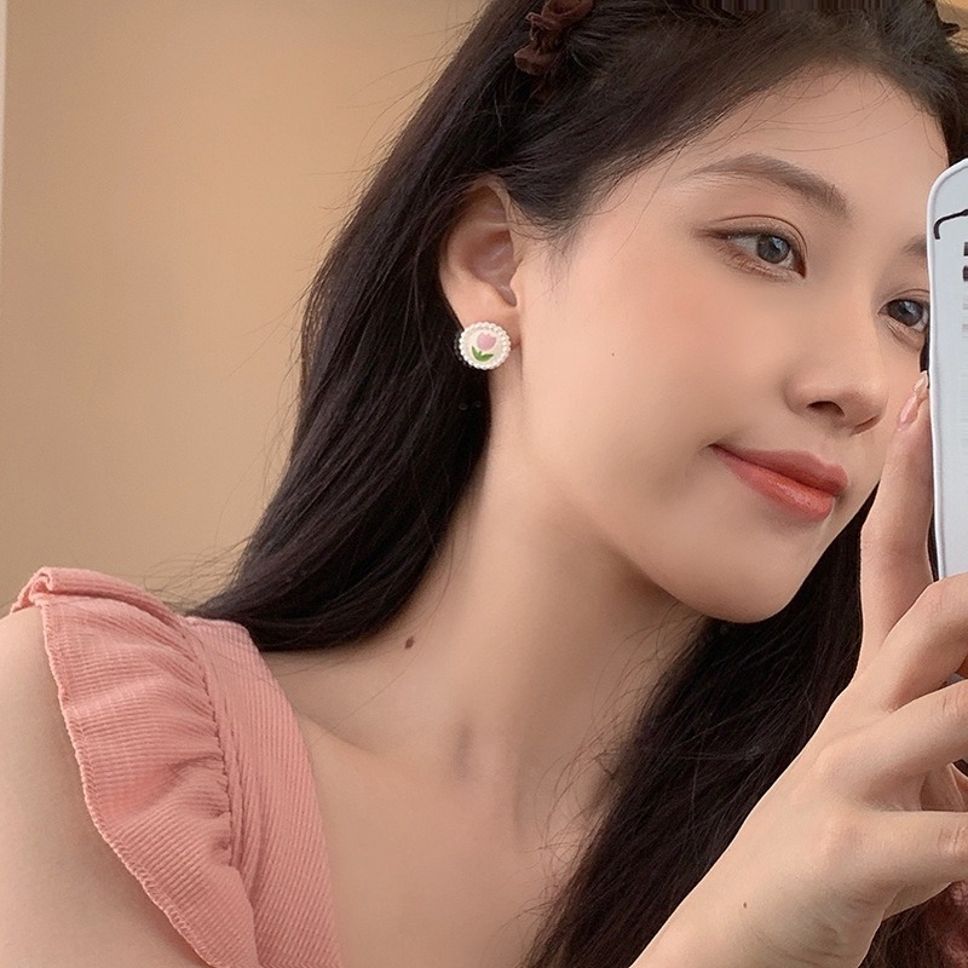 MYKI Tulip Pearl Frame Korean Stud Earrings | Pastel Pink & Green (MKERCH875CP-ANT)