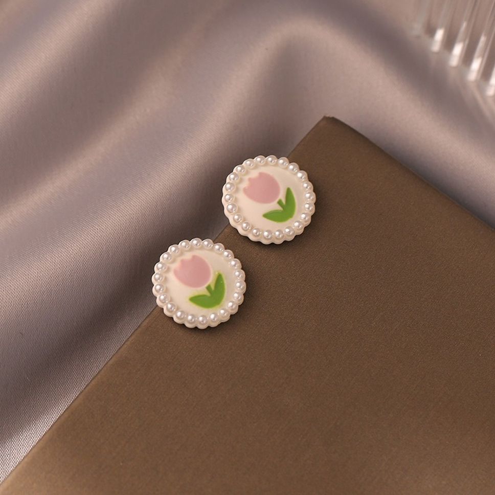 MYKI Tulip Pearl Frame Korean Stud Earrings | Pastel Pink & Green (MKERCH875CP-ANT) by MYKI | Korean Fashion Jewelry