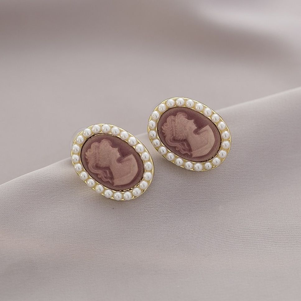 MYKI Vintage Cameo Pearl Border Korean Stud Earrings | Brown Gold Finish (MKERCH876CP-ANT)