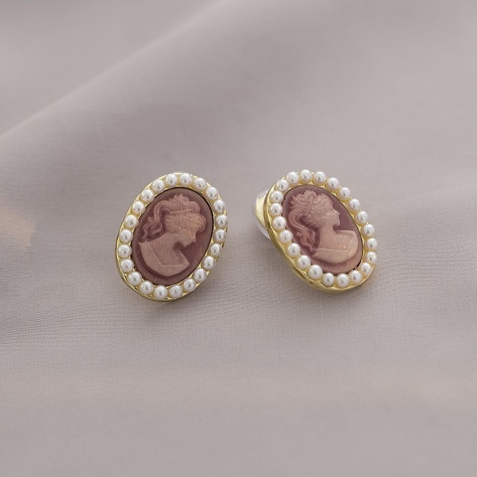 MYKI Vintage Cameo Pearl Border Korean Stud Earrings | Brown Gold Finish (MKERCH876CP-ANT)