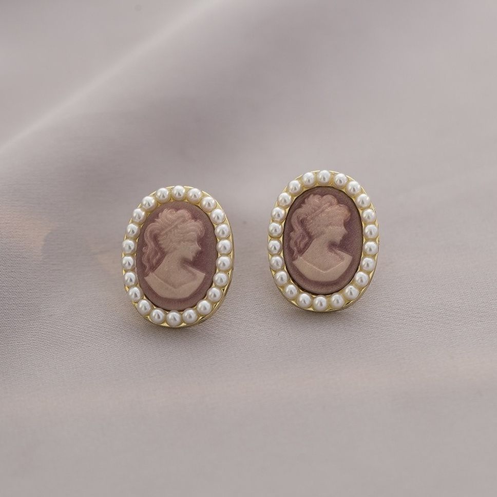 MYKI Vintage Cameo Pearl Border Korean Stud Earrings | Brown Gold Finish (MKERCH876CP-ANT)