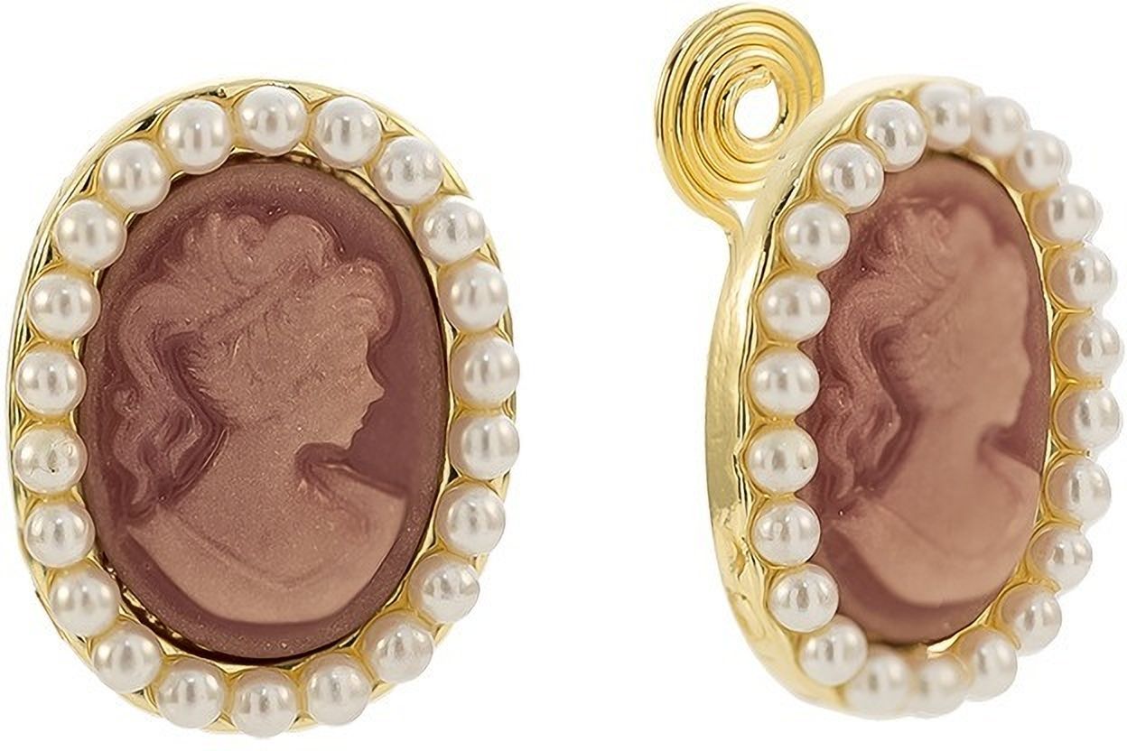 MYKI Vintage Cameo Pearl Border Korean Stud Earrings | Brown Gold Finish (MKERCH876CP-ANT)