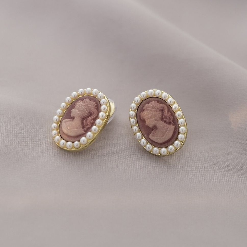 MYKI Vintage Cameo Pearl Border Korean Stud Earrings | Brown Gold Finish (MKERCH876CP-ANT) by MYKI | Korean Fashion Jewelry