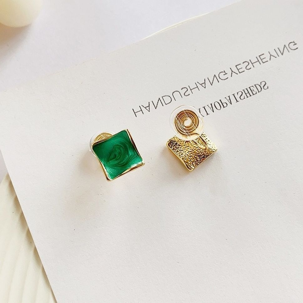 MYKI Green Gold Square Asymmetric Korean Stud Earrings | Dual Finish (MKERCH877CP-ANT) by MYKI | Korean Fashion Jewelry