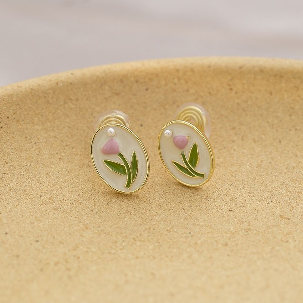 MYKI Pink Tulip Pearl Edge Korean Stud Earrings (MKERCH883CP-ANT) by MYKI | Korean Fashion Jewelry