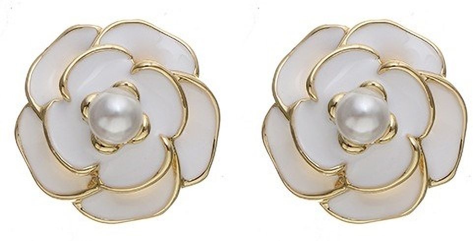 MYKI White Enamel Flower Pearl Korean Stud Earrings (MKERCH890CP-ANT)