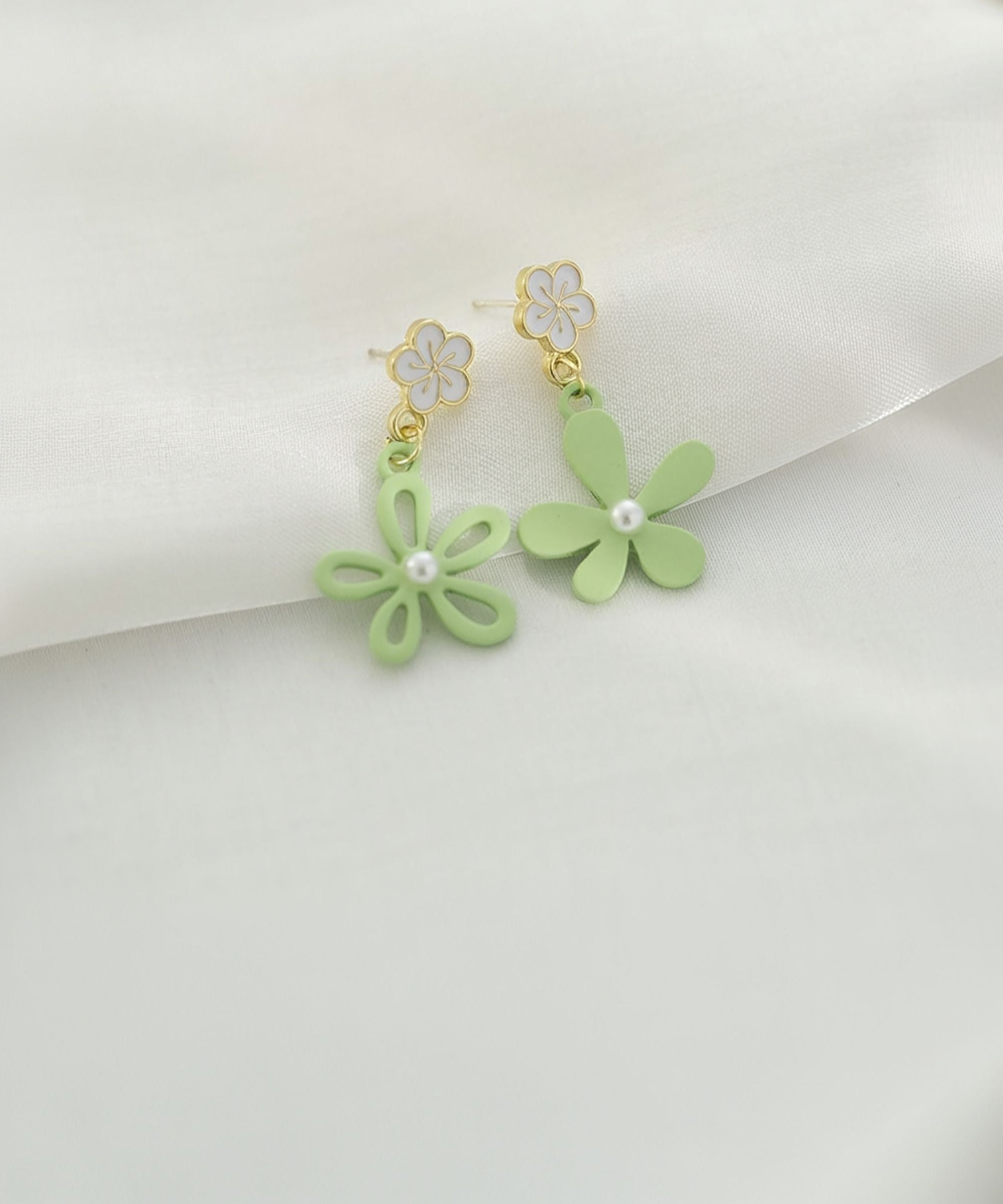 MYKI Green Floral Pearl Korean Dangle Earrings (MKERCH895PI-ANT) by MYKI | Korean Fashion Jewelry