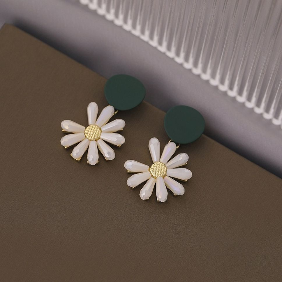 MYKI White Daisy Green Top Korean Dangle Earrings (MKERCH910CP-ANT)