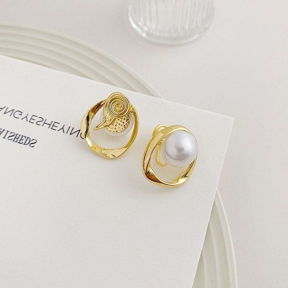 MYKI Minimal Gold Loop Pearl Stud Korean Earrings (MKERCH921CP-ANT)