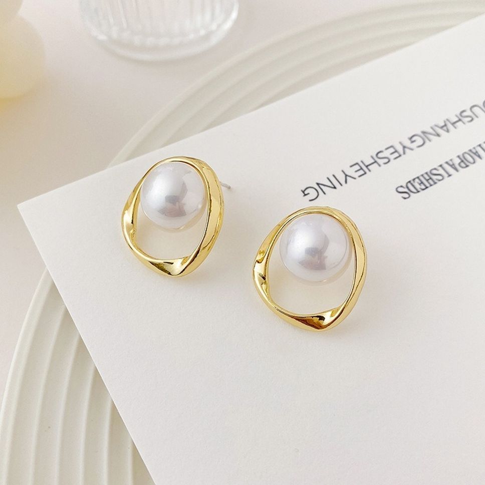 MYKI Minimal Gold Loop Pearl Stud Korean Earrings (MKERCH921CP-ANT)