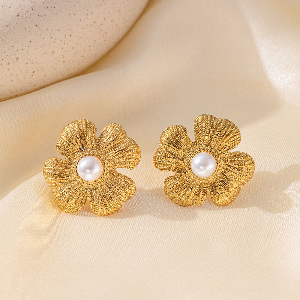 MYKI Gold Plated Floral Pearl Center Anti-Tarnish Stud Earrings (MKERCH934G-SSYI)
