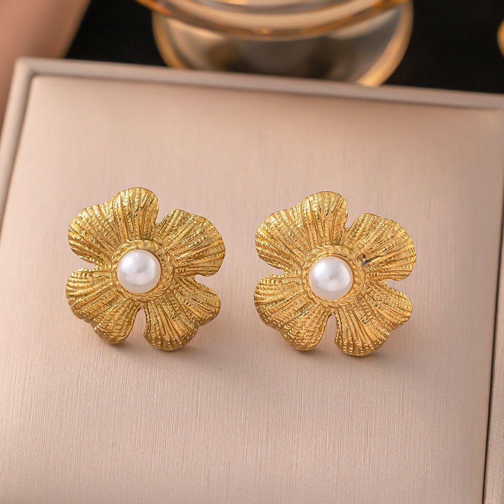 MYKI Gold Plated Floral Pearl Center Anti-Tarnish Stud Earrings (MKERCH934G-SSYI)