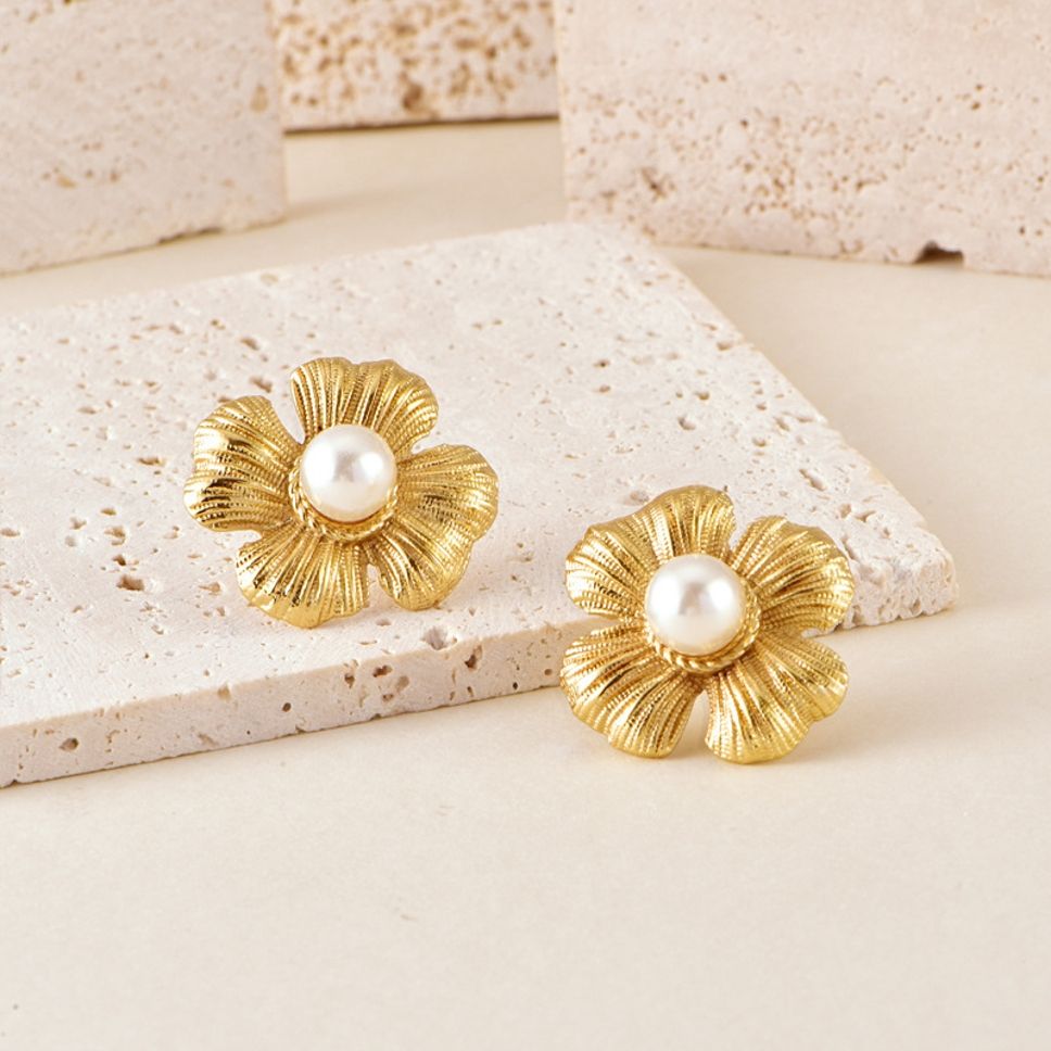 MYKI Gold Plated Floral Pearl Center Anti-Tarnish Stud Earrings (MKERCH934G-SSYI)